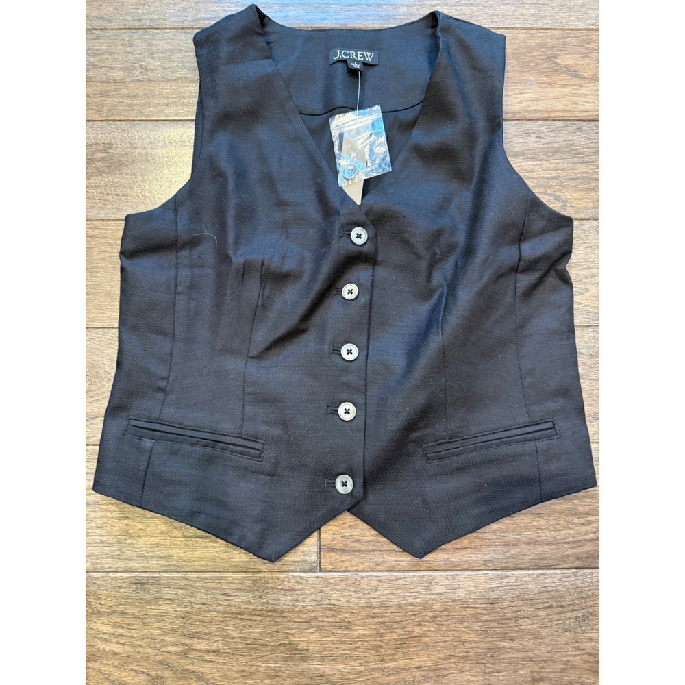 J.Crew Waistcoat Vest Womens Size 2 Black Linen Blend Tailored Cinch Back CU848